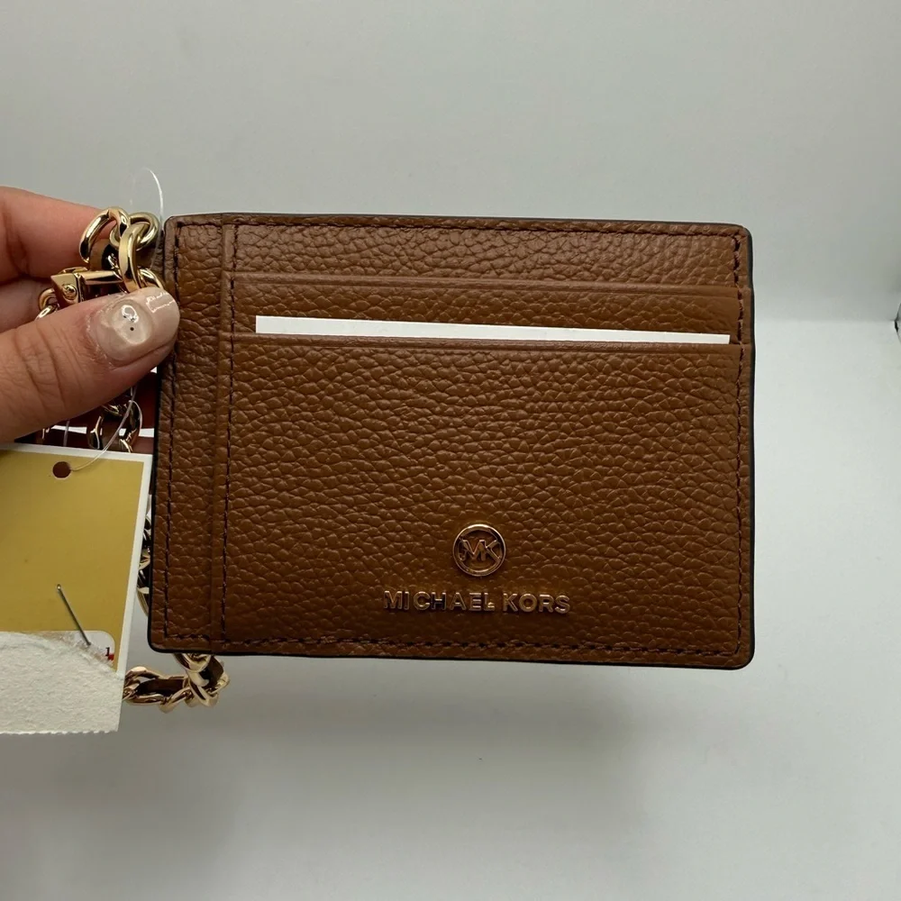 NWT Michael Kors Jet Set Charm Small ID Chain Card Holder Camel Pebbled Leather